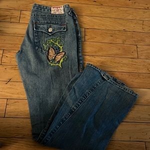 True Religion bootcut jeans with butterfly pocket embellishment